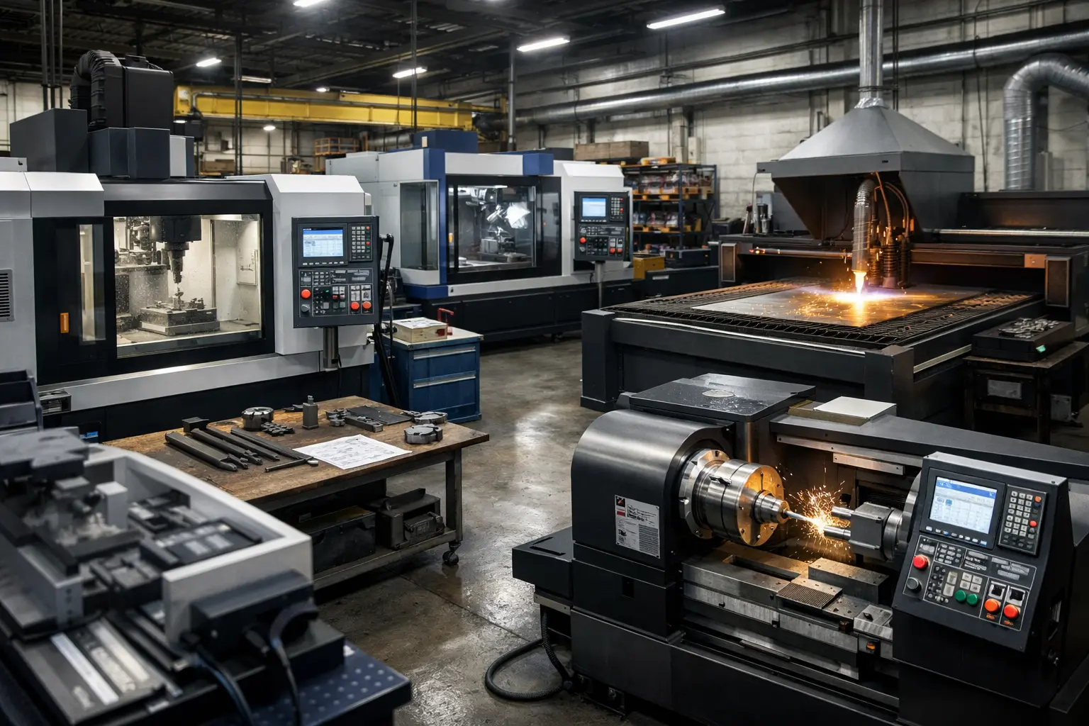 $ CNC machines and a laser cutter  in a warehouse 