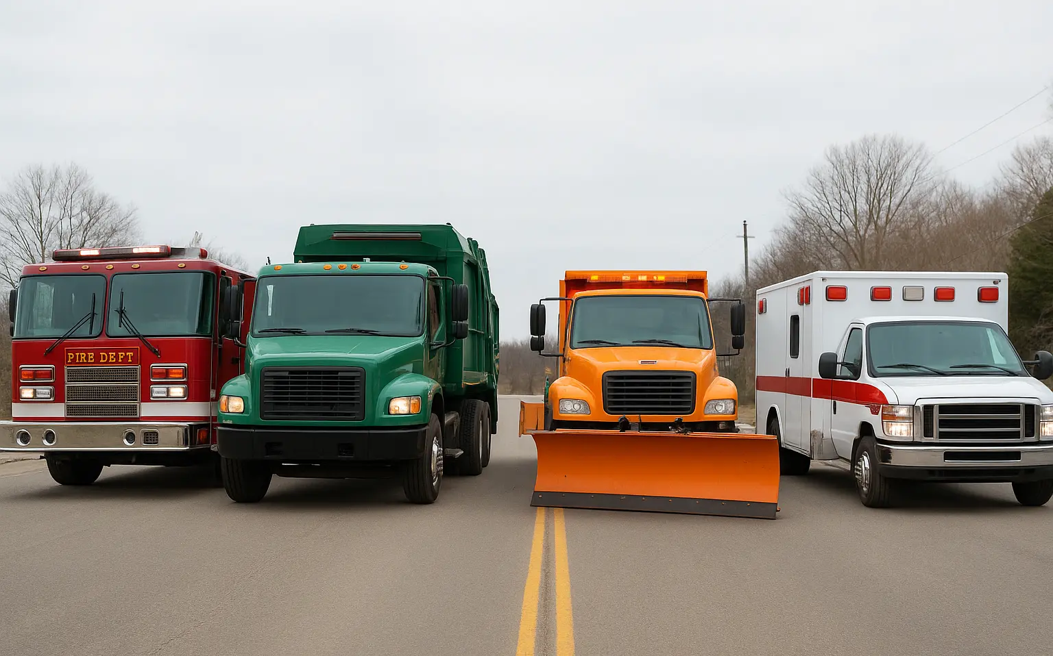 A firetruck, refuse hauler, snowplow, and ambulance lined up in a row